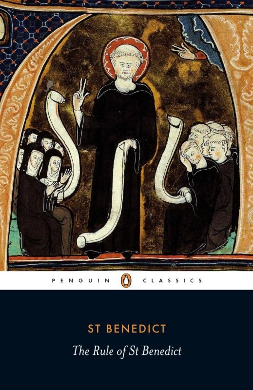 Front cover of the Penguin Classics version of the Rule of St Benedict. Image shows Benedict with scrolls of parchment preceding from and to him with a group of monks on the right-hand side, and nuns on the left.